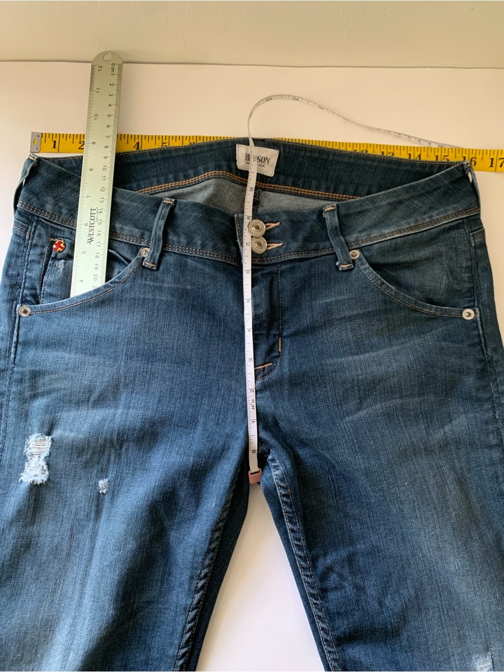 Hudson Collin Low Rise Stretch Skinny Jeans, 29, Vintage Florence Blue, Distress - Picture 8 of 16
